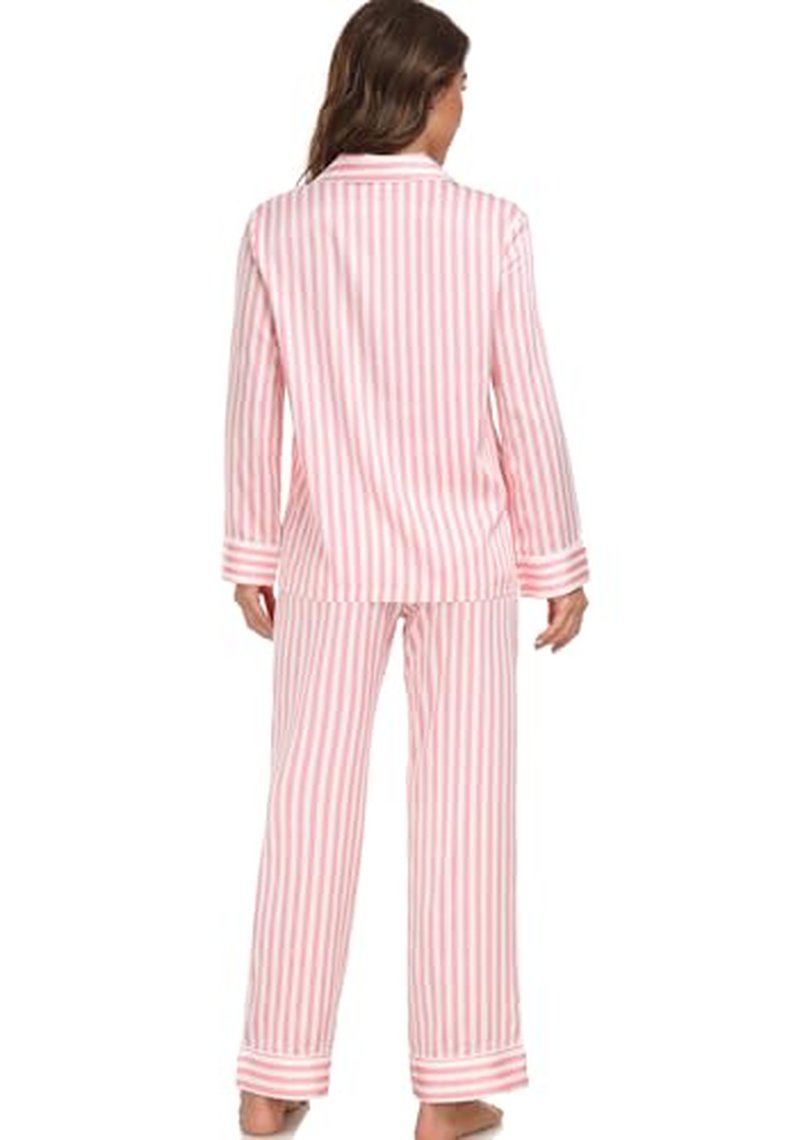 Serenedelicacy Women's Satin Pajama Set Long Sleeve Button Down Sleepwear 2-Piece Silky Pj Set (Small, Tan/Black/Ivory, Leopard)