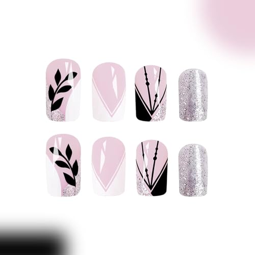 Short Press Square False Nails with Sfumato Designs - Pink Full Cover Glossy Fake Acrylic Artificial Nails - Gold Foil Stick On - 24 Pcs