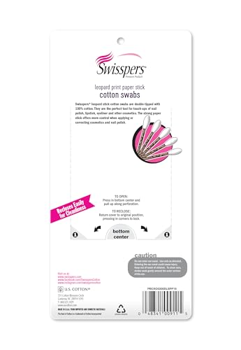 Swisspers Premium Cotton Swabs, 100% Pure Cotton Tips, Leopard Print Paper Sticks, 300 Count Pack (Pack of 3)