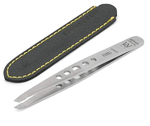 GERMANIKURE Professional Perforated Slanted Tweezers - FINOX Stainless Steel sharp tweezers in Leather Case - Professional Tweezers – best tweezers- Ethically made in Solingen Germany - 4403