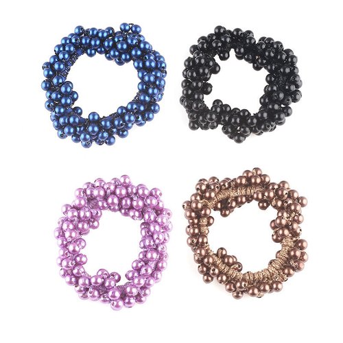 Handmade Pearl Hair Tie Elastic Beaded Scrunchie with Gold Thread Accents