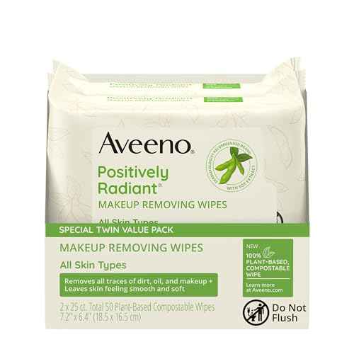Aveeno Positively Radiant Alcohol Free Makeup Removing Face Wipes, Gentle Non-Comedogenic Facial Cleansing, 100% Plant Based Home Compostable, Sulfate Free, 50 Count (2 Packs of 25)