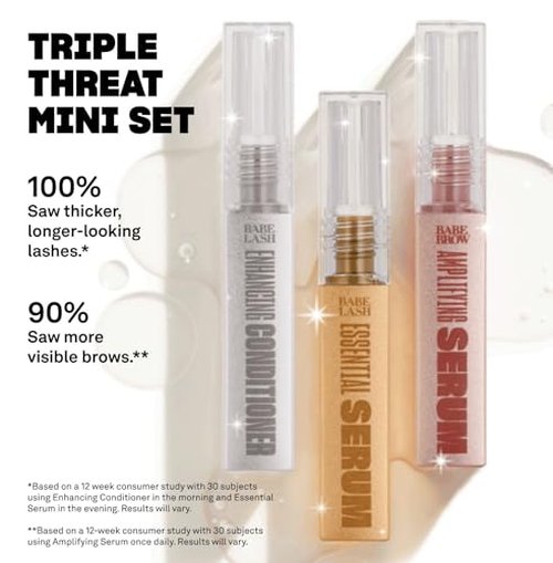 Babe Original Triple Threat Mini Set, Includes Babe Lash Essential Serum & Enhancing Conditioner + Babe Brow Amplifying Serum, 1 mL, 3 Pack