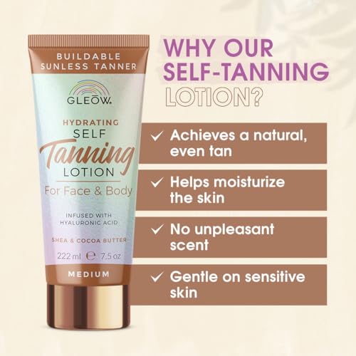 GLEOW Self Tanner New 2024 Self Tanning Lotion for Face & Body, Indoor Tanning Lotion, Sunless Tanner, Fake Tan Lotion, Face Tanner Quick Tan 7.5 oz