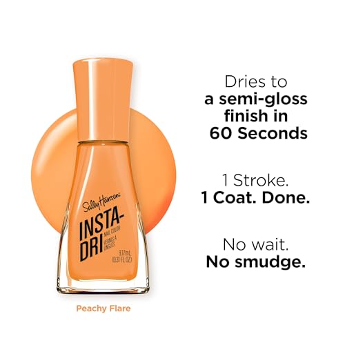 Sally Hansen Insta-Dri Electric Feels Nail Polish | Quick Dry, Long Lasting, Streak-Free Shine | Opaque, Shiny | 352 Peachy Flare| Neon Orange Nail Color
