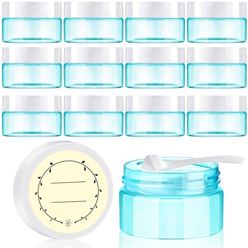 Tessco 12 Pieces 1 oz Travel Containers Plastic Container Jars with Lids Leak-proof Travel Jars for Creams with 12 Mini Scoop and 12 Label Stickers for Lotion Makeup Powder (Blue)