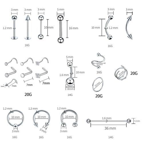 100 PCS Piercing Kit 14G 16G Nose Septum Rings Silver Piercing Jewelry for Nose Belly Button Tongue Body Piercing Tools Kit with 20 PCS 12G 14G Piercing Needle