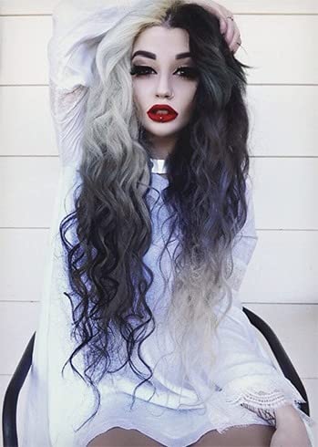 Swiking Black and White Curly Wigs for Women Long Wave Ombre Synthetic Hair Natural Soft Wigs for Party Cosplay Halloween (Half White Half Black)