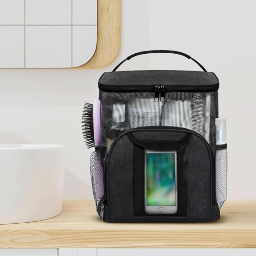 2024 Portable Shower Caddy Tote Bag, Large Capacity Shower Caddy Tote Bag, Quick Dry Mesh Hanging Toiletry Bag, Separate Compartment, Hanging Toiletry Bath Bag for Student, Gym, Camp, Travel (Black)