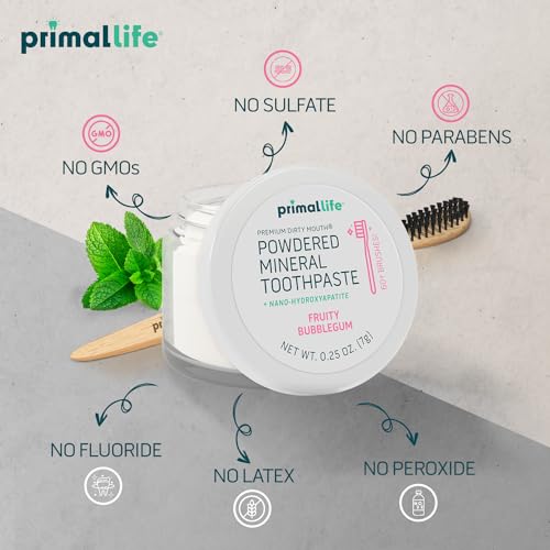 Primal Life Organics - Dirty Mouth Toothpowder, Tooth Cleaning Powder, Flavored Essential Oils with Natural Kaolin & Bentonite Clay, Good for 200+ Brushings, Organic, Vegan (Sweet Bubblegum, 0.25 oz)