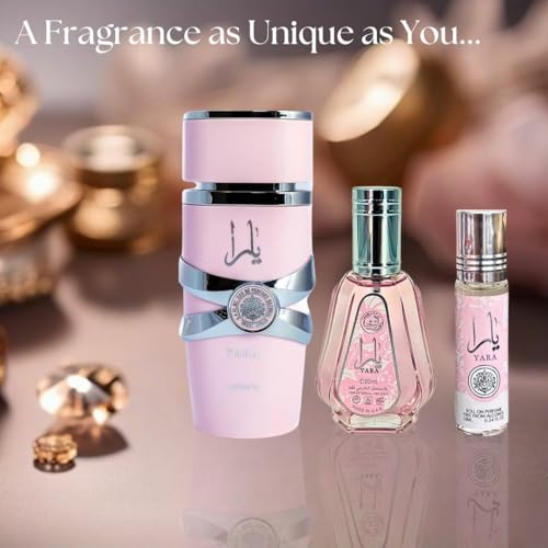 Lattafa Yara 3-piece Fragrance Bundle for Women (3.4 Oz Eau de Parfum Spray + 1.7 Oz Eau de Parfum Spray + 0.34 Oz Roll-On Perfume Oil)