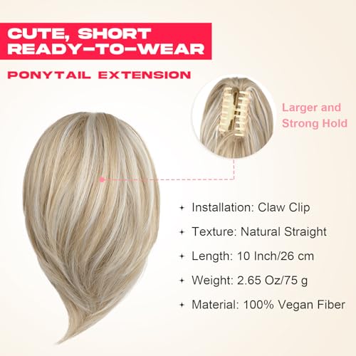 NTYNTY Ponytail Extension, 10" Short Claw Clip in Ponytail Hair Extensions Messy Bun Hair Piece Natural Soft Synthetic Straight Pony Tail Hair Pieces for Women - Dark Golden Blonde with Highlights