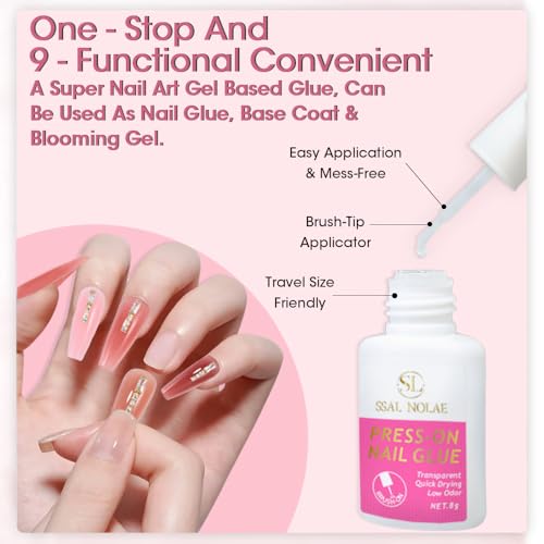 SSAL NOLAE Brush-On Nail Glue for Press On Nails- Salon Quality for Acrylic, Fake Nails. Quick Dry, Long Lasting, No UV Dehydrator or Primer Needed Brush On Gel Nail Glue