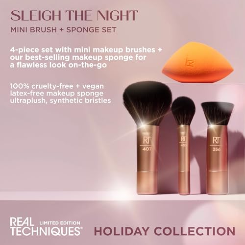Real Techniques Sleigh The Night Mini Brush + Sponge 4 Piece Holiday Gift Set, Small Makeup Brushes For Travel, Makeup Sponge For Foundation & Concealer, Stocking Stuffer, Limited Edition, Latex-Free