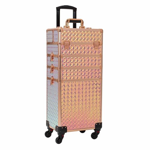 CHANNCASE 4 in 1 Portable Traveling Aluminum Professional Makeup Trolley Cart with Multiple-Sized Compartments and Wheels (Golden diamond)