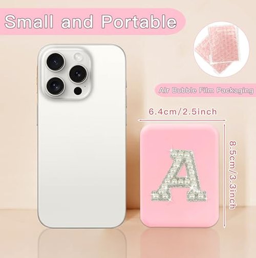 Aganmi Personalized Birthday Graduation Gifts for Teen Girls Her Pearl Initial Pink Travel Compact Mirror with Lights Portable 1X/2X Magnification 2-Sided Mini LED Pocket Makeup Mirror for Purse (L)