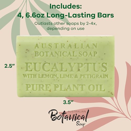 Australian Botanical Soap, Eucalyptus with Lemon, Lime, and Petitgrain 6.6 oz. (187 g) Soap Bars | Natural Soap Base | All Skin Types | Women & Men | Shea Butter Enriched Bar Soap - Pack of 4