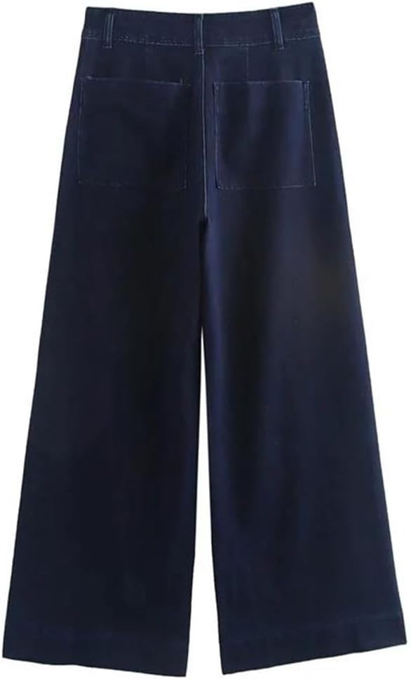 Skiennix Women's Wide Leg Jeans - Slimming Midi Waist Casual Denim Pants in Classic Blue
