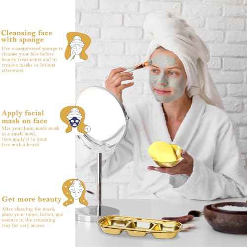 23 Pcs Esthetician Supplies 3 Stainless Steel Gold Mixing Bowls Gold Small Serving Tray 3 Compartment Serving Tray 3 Facial Fan Brushes 3 Face Mask Applicator Brush 12 Facial Sponge Compressed Round