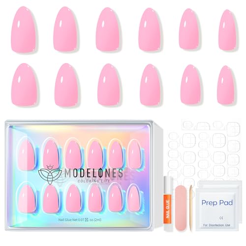 Modelones Press on Nails Almond, Raspberry Spring Short Fake Nails, Reusable Nail Kit with Nail Glue Adhesive Tabs Mini Nail File, Nails Press Ons 32Pcs 16 Sizes, Women Girl Gift 