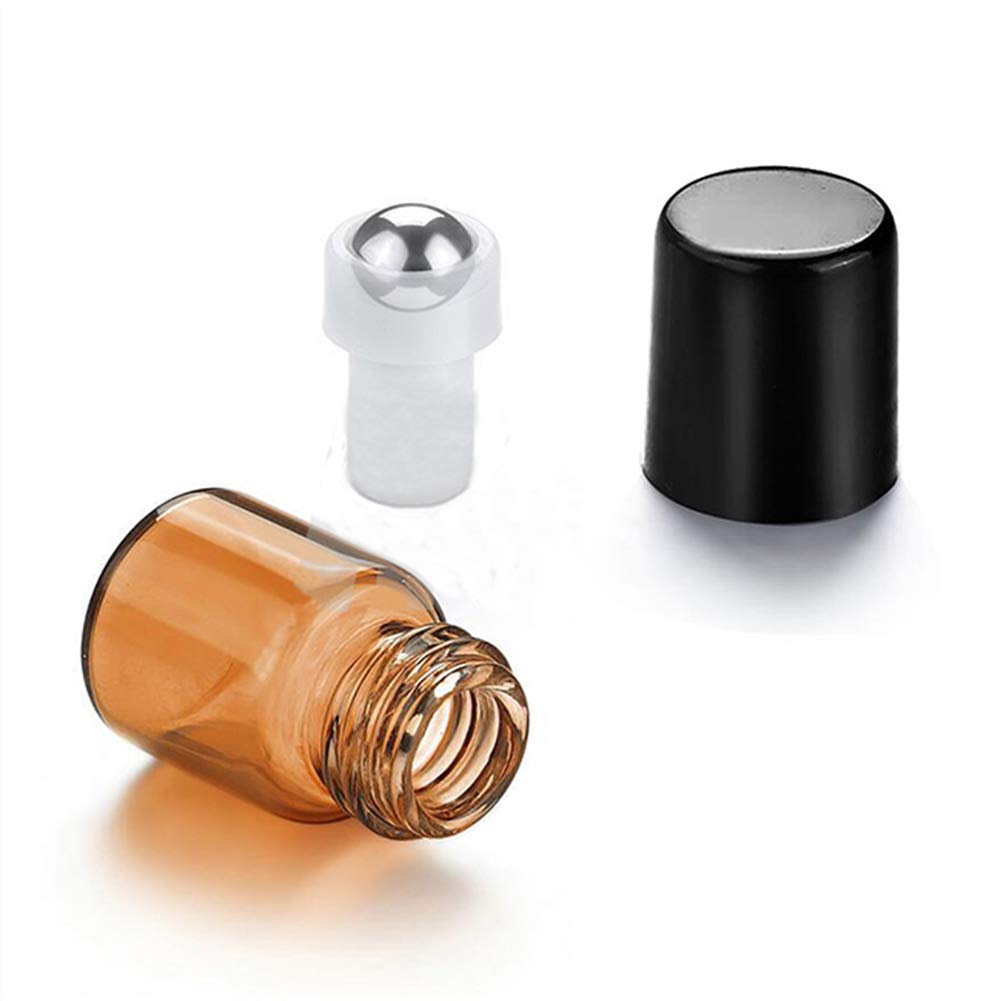 Amber Glass Roller Bottles 100 Packs 1ml-1/4Dram Sample Vial Glass Roll On Bottles with Metal Roller Balls Roller Bottles for Essential Oils Aromatherapy Perfumes-Black Lid,1 Opener Remover Included