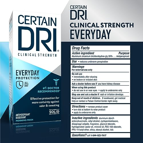 Certain Dri Everyday Strength Clinical Solid Antiperspirant, Hyperhidrosis Treatment for Men & Women, Long-Lasting 72hr Protection, Effective Sweat Control, Travel Friendly, Fresh Scent, 2.6oz