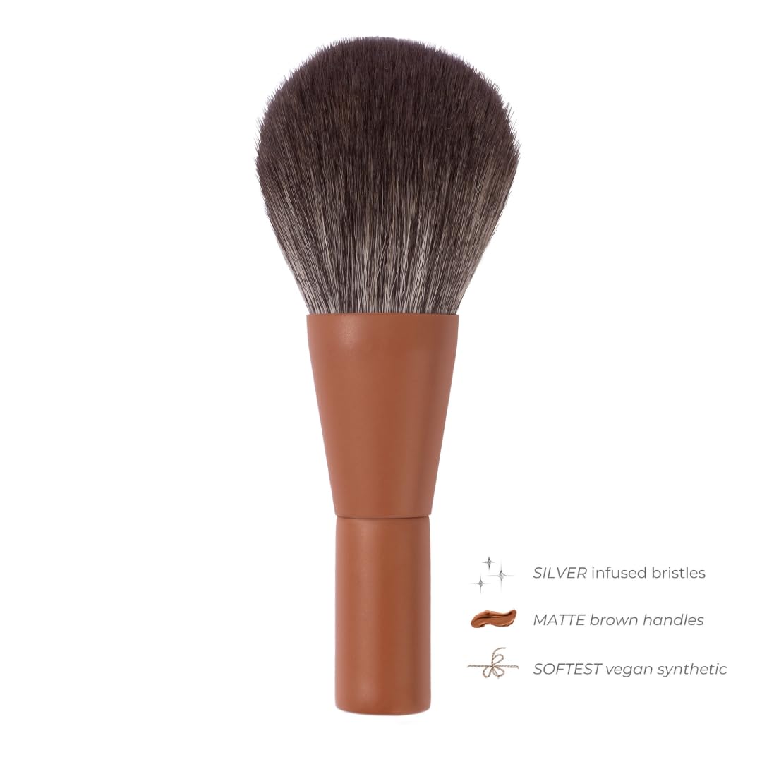 Travel Makeup Brush Set With Brush Bubble Silicone Makeup Brush Cover- Brown Matte. Travel Powder Brush with Compact makeup brush handle. Vegan Bristles.
