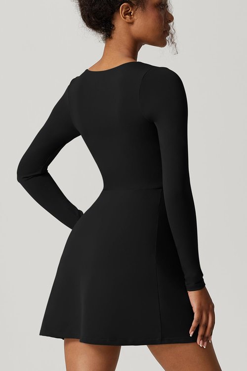 QINSEN Women's Long Sleeve Square Neck Mini Dress High Waist Party Club Outfit Black S