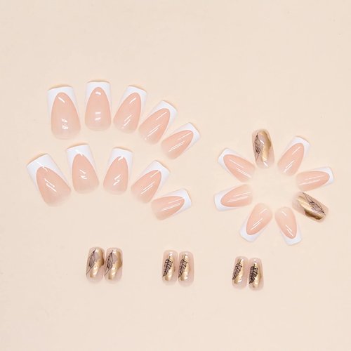 BABALAL Square Press on Nails - Medium White French Tip Glue on Nails, Gold Acrylic Squoval False Nails, 24pcs for Women & Girls