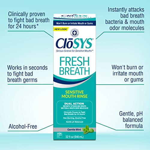 CloSYS Sensitive Mouthwash, 32 Ounce, Gentle Mint, Alcohol Free, Dye Free, pH Balanced, Helps Soothe Mouth Sensitivity, Fights Bad Breath