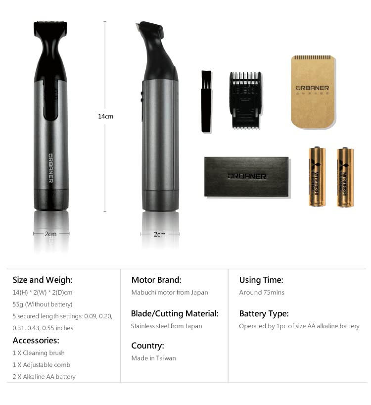 URBANER Mustache Edger, Battery Operated, Waterproof Compact Beard Trimmer for Men, Portable Clipper for Travel Grooming, Gift for Men, Length Adjustable, Gifts MB-042