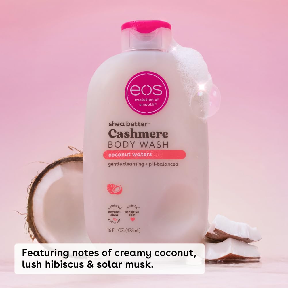eos Shea Better Cashmere Body Wash, Coconut Waters, Moisturizing and Nourishing, pH Balanced Creamy Gel Formula, Paraben & Phthalate Free, Sensitive Skin,16 fl oz