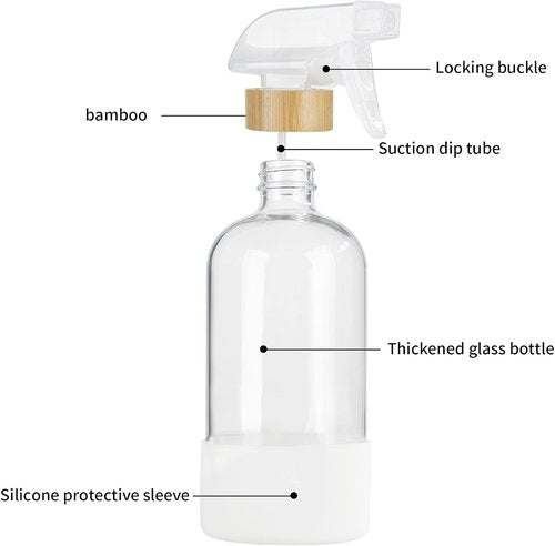 HOMBYS Bamboo Glass Spray Bottles - Refillable 17 oz Clear Containers with Silicone Sleeve Protection | 3 Pack for Cleaning & Essential Oils