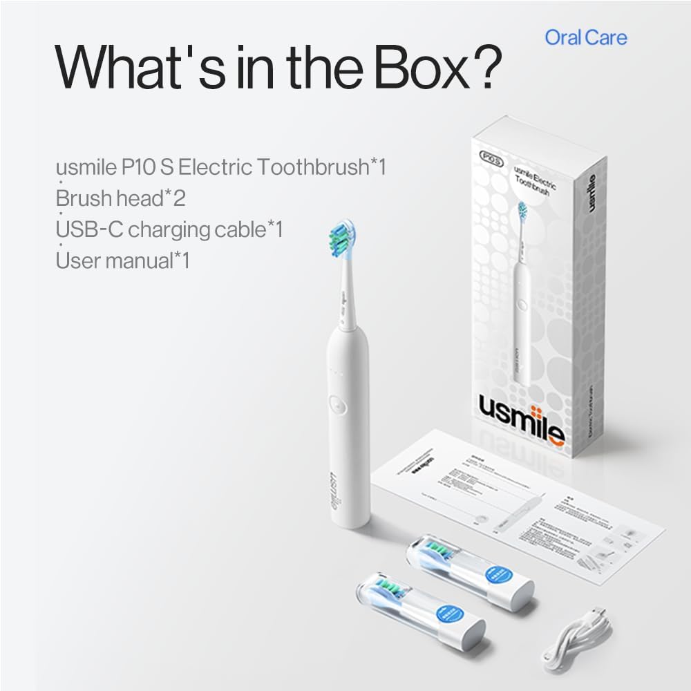 Usmile P10S Sonic Electric Toothbrush - Deep Clean & Whitening, 180-Day Battery Life, 3 Modes, 2 Brush Heads (White)