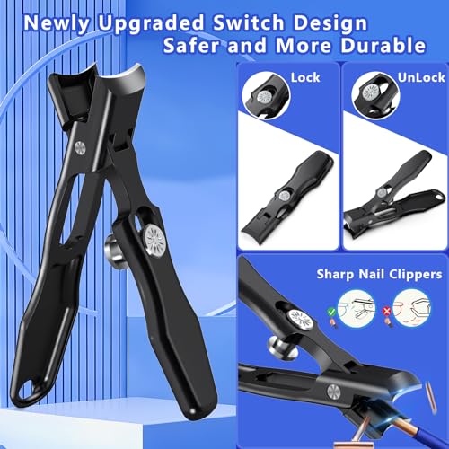 Nail Clippers for Men Thick Nails,INXEN Wide Jaw Opening No Splash Fingernail Clipper with Catcher,German Toe Nail Clippers for Thick Nails for Seniors, Stainless Steel Nail Cutter for Adult,Black