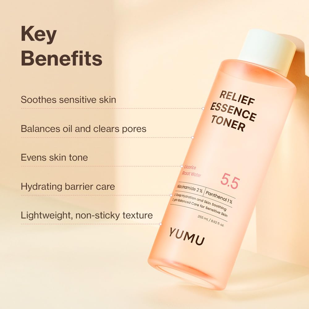 YUMU Licorice Relief Essence Toner for Sensitive Skin, Niacinamide, Panthenol, Fragrance-Free, Soothing & Hydrating (255ml / 8.62 fl. oz.)