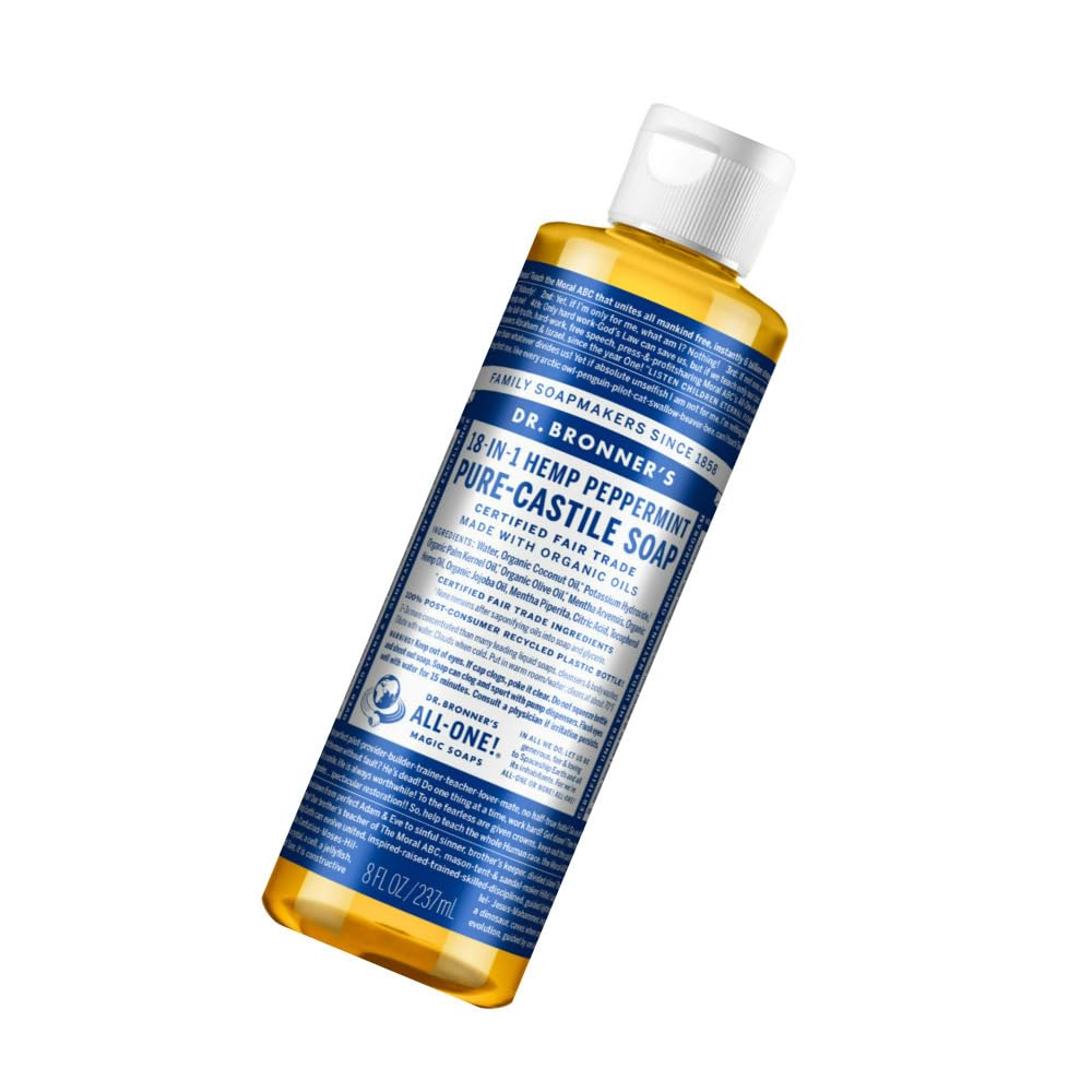 Dr. Bronner's Organic Peppermint Liquid Soap - 18-in-1 All-Purpose Cleaner with Invigorating Peppermint Oil - 8 Oz Size - Gentle Cleansing for Body, Face, Home - Natural, Organic Formula (2-Pack)