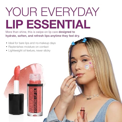 Palladio Hydrating Lip Oil Infused with Hyaluronic Acid, Non-Sticky Formula, Subtle shine with tinted sheer color, liquid lipstick, prevents chapped lips, Vegan & Cruelty-Free | 0.13 Oz. (AS IF!)
