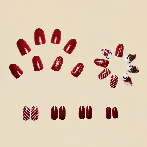 Red Christmas Press on Nails Short Oval Fake Nails Cute Christmas Deer Glue on Nails with Snowflake Stripes Designs Glossy Acrylic Stick on Nails Xmas Reusable False Nails for Women Girls 24 Pcs