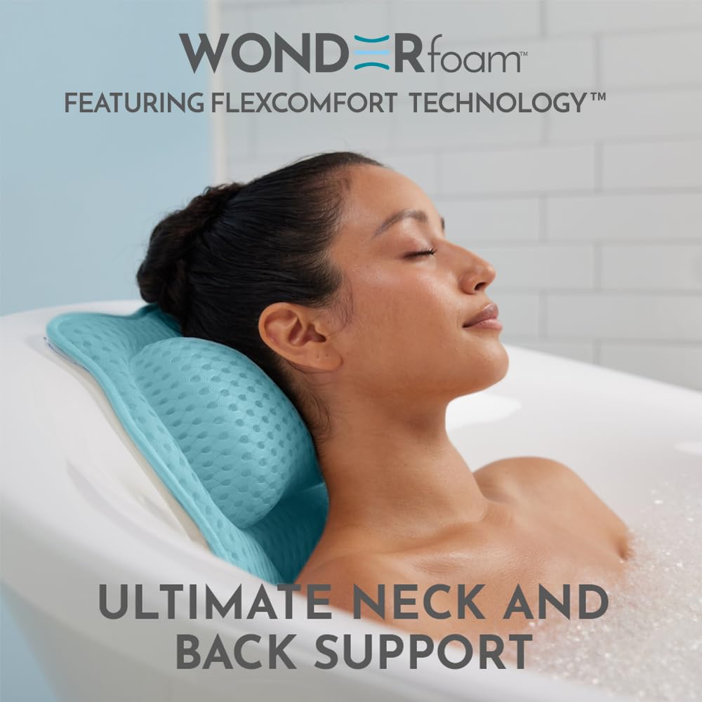 WONDERfoam Thick Padded Ergonomic Bath Pillow for Tub, Bathtub Headrest Neck and Back Support, Strong Suction Cups, Machine Washable Breathable Mesh Quick Dry Pillows, Luxury Spa Accessories, Blue