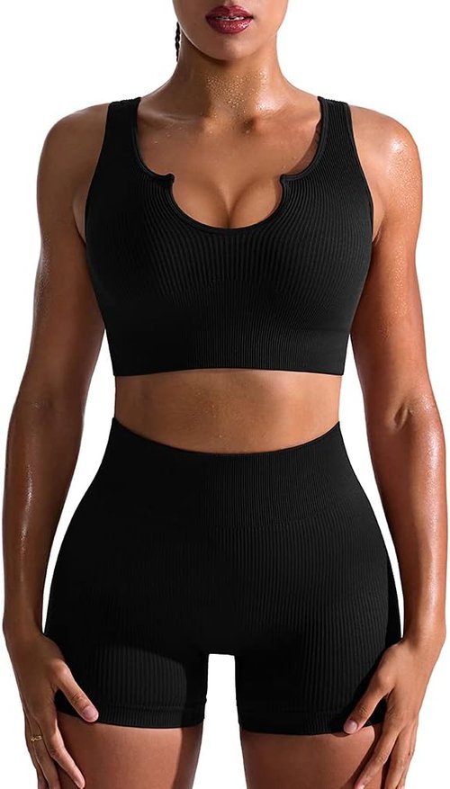 OQQ Workout Outfits for Women - 2 Piece Seamless Ribbed High Waist Leggings & Sports Bra Set - Gray