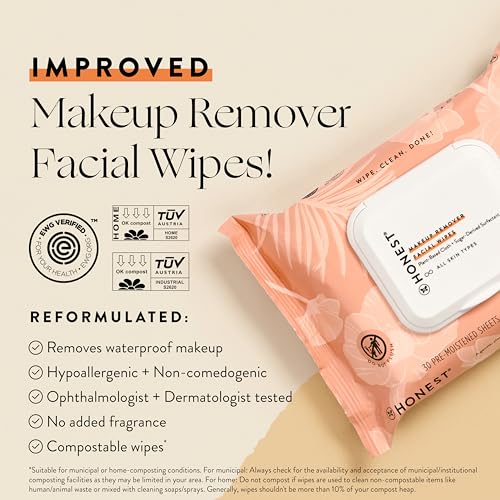 Honest Beauty Makeup Remover Facial Wipes | EWG Verified, Plant-Based, Hypoallergenic | 30 Count