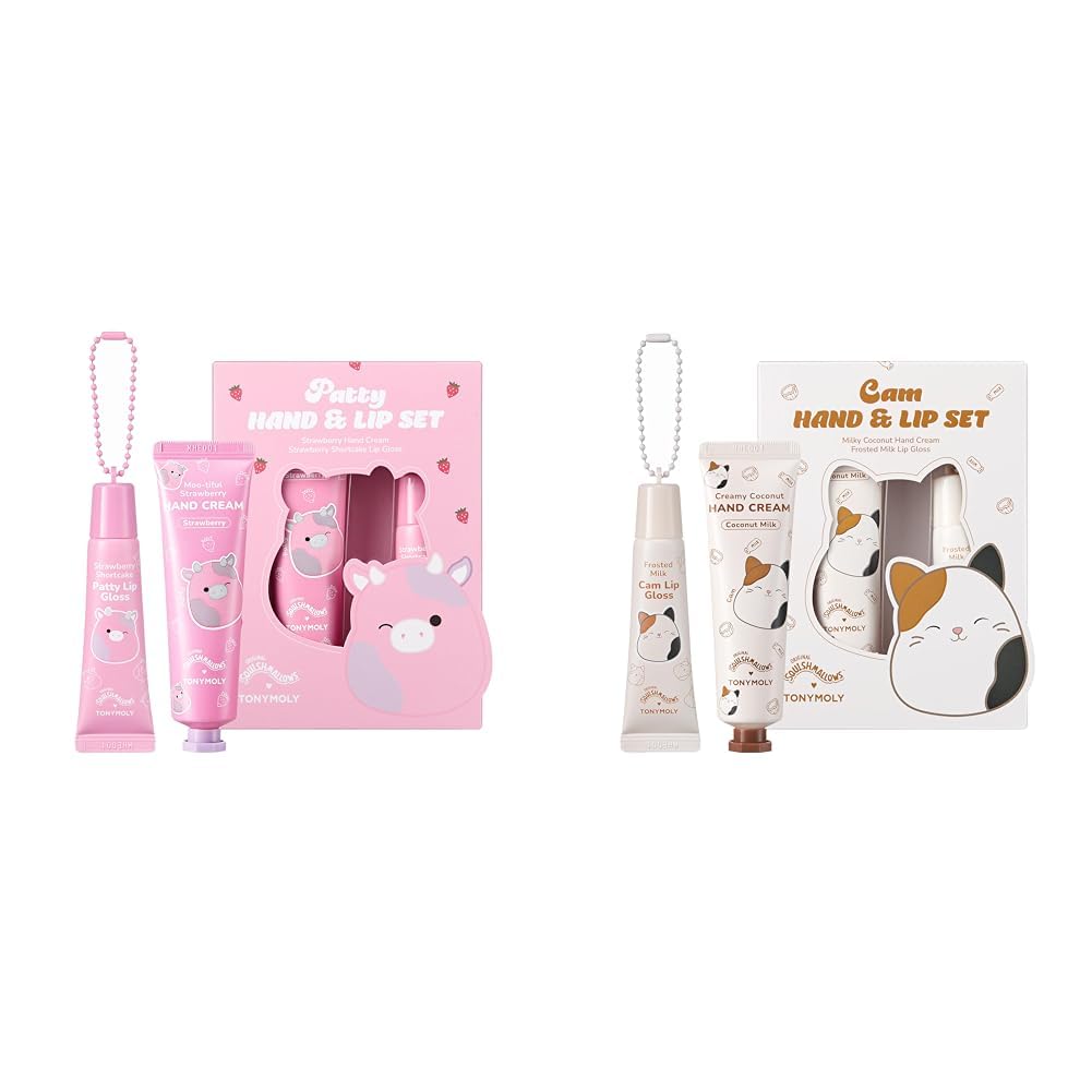 TONYMOLY x Squishmallow Patty the Cow & Cam the Cat 2PC Hand Cream & Lip Gloss Set, Strawberry & Coconut Milk Hand Creams, Frosted Milk Lip Gloss