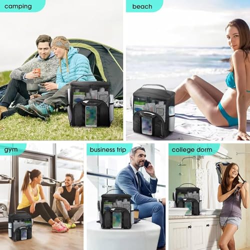 2024 Portable Shower Caddy Tote Bag, Large Capacity Shower Caddy Tote Bag, Quick Dry Mesh Hanging Toiletry Bag, Separate Compartment, Hanging Toiletry Bath Bag for Student, Gym, Camp, Travel (Black)