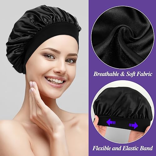 3 Pack Satin Sleeping Bonnet, Silk Bonnet Silk Hair Wrap for Night Sleep Caps with Wide Elastic Band Soft Head Cover Sleeping Hat for Women and Girls Black Hair Curly Hair Hair Protectio