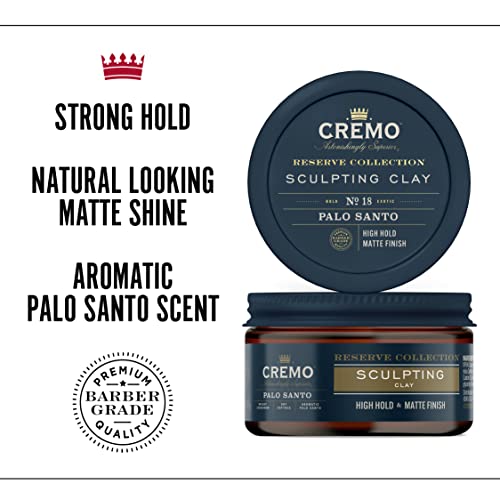 Cremo Premium Barber Grade Hair Styling Palo Santo (Reserve Collection) Sculpting Clay, High Hold, Matte Finsh, 4 Oz