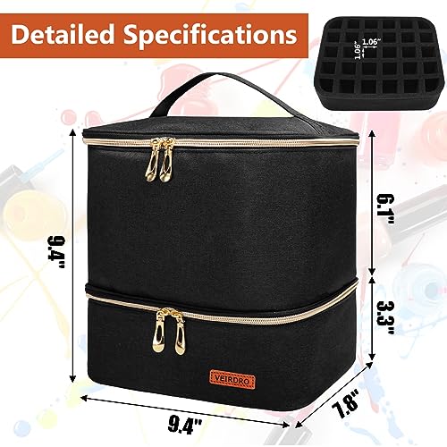Veirdro Nail Polish Organizer Bag Holds 30 Bottles (15ml/0.5 fl.oz)& Nail Lamp, Portable Travel Nail Kit Storage Carrying Case, Double Layer Nail Supplies Holder Bag PU Leather Women (Elegant Black)