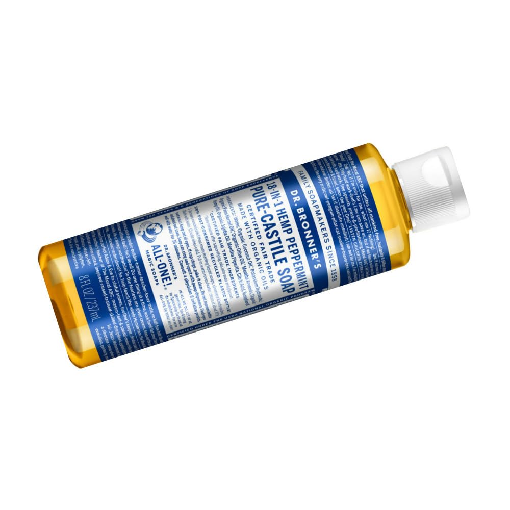 Dr. Bronner's Organic Peppermint Liquid Soap - 18-in-1 All-Purpose Cleaner with Invigorating Peppermint Oil - 8 Oz Size - Gentle Cleansing for Body, Face, Home - Natural, Organic Formula (2-Pack)