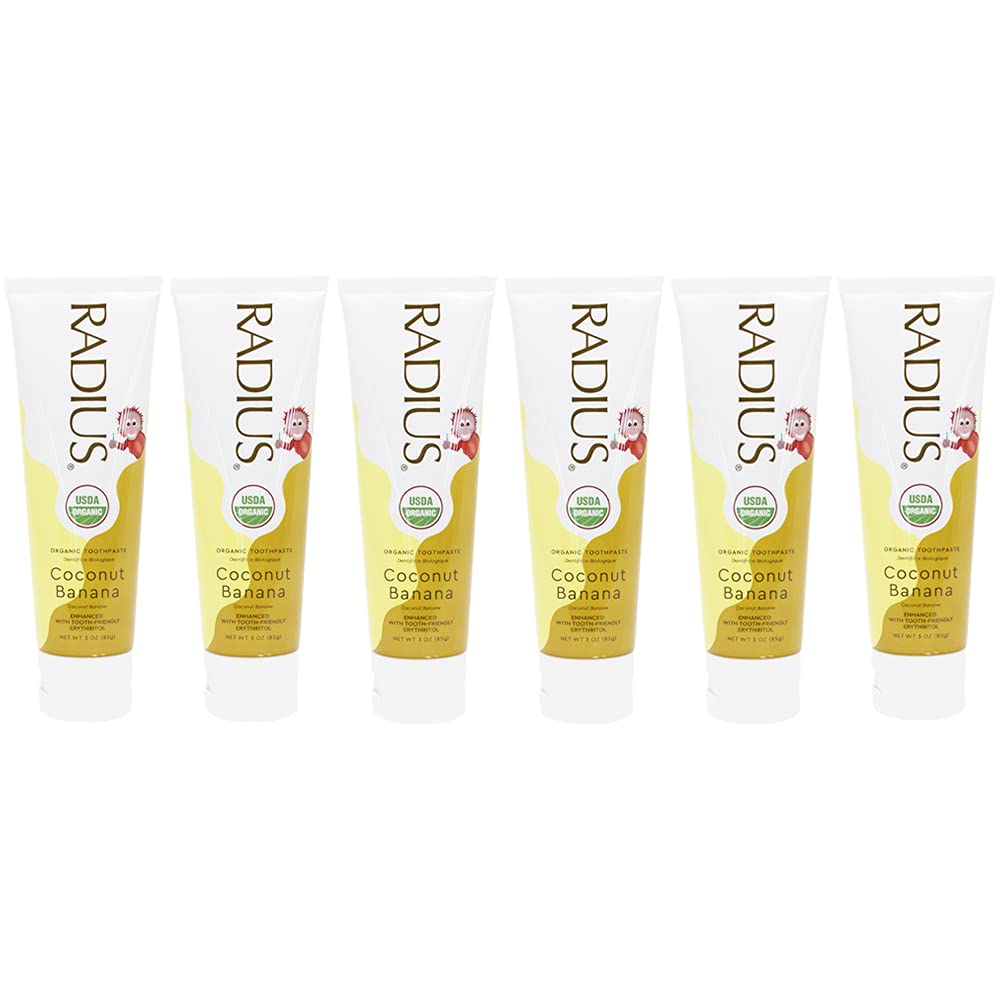 RADIUS USDA Organic Kids Toothpaste 3oz Non Toxic Chemical-Free Gluten-Free Designed to Improve Gum Health for Children's 6 Months and Up - Coconut Banana - Pack of 6