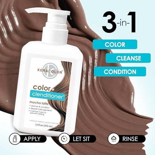 Keracolor Color + Clenditioner 3-in-1 Color-Depositing Conditioner, Gently Cleanses & Conditions, Semi-Permanent Mocha Latte Hair Color, 12 Fl Oz